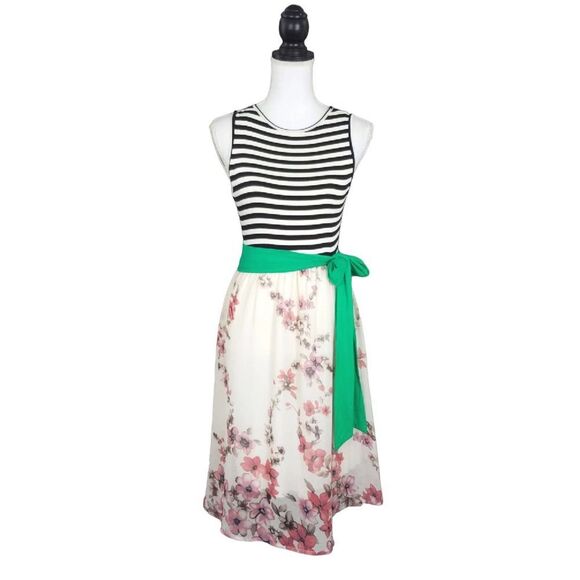 Egs Striped Floral Mix Sleeveless Belted Fit & Flare Dress Size Medium - Picture 1 of 6
